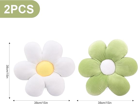 2 Pcs Flower Floor Pillow Seating, 40cm Shaped Chair Seat Pad, Soft Petal Cushion, Cute Plush Tatami for Car Home Sofa (Green+White)