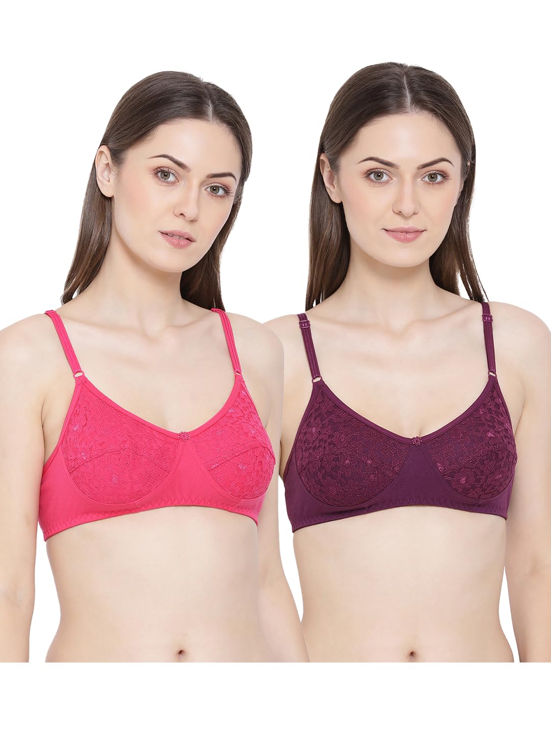 Softline Women’s Cotton Rich Wire-Free Full Coverage Bra Combo | Non-padded | Fancy Lace Design | pack of 2