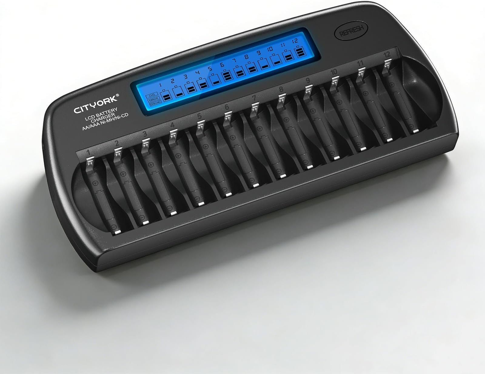 CITYORK 12 Bay AA AAA Battery Charger with Refresh Function, Smart LCD Display Battery Charger for 1.2V Ni-MH/Ni-CD AA AAA Rechargeable Batteries (AC Adapter&Car Charger Included)