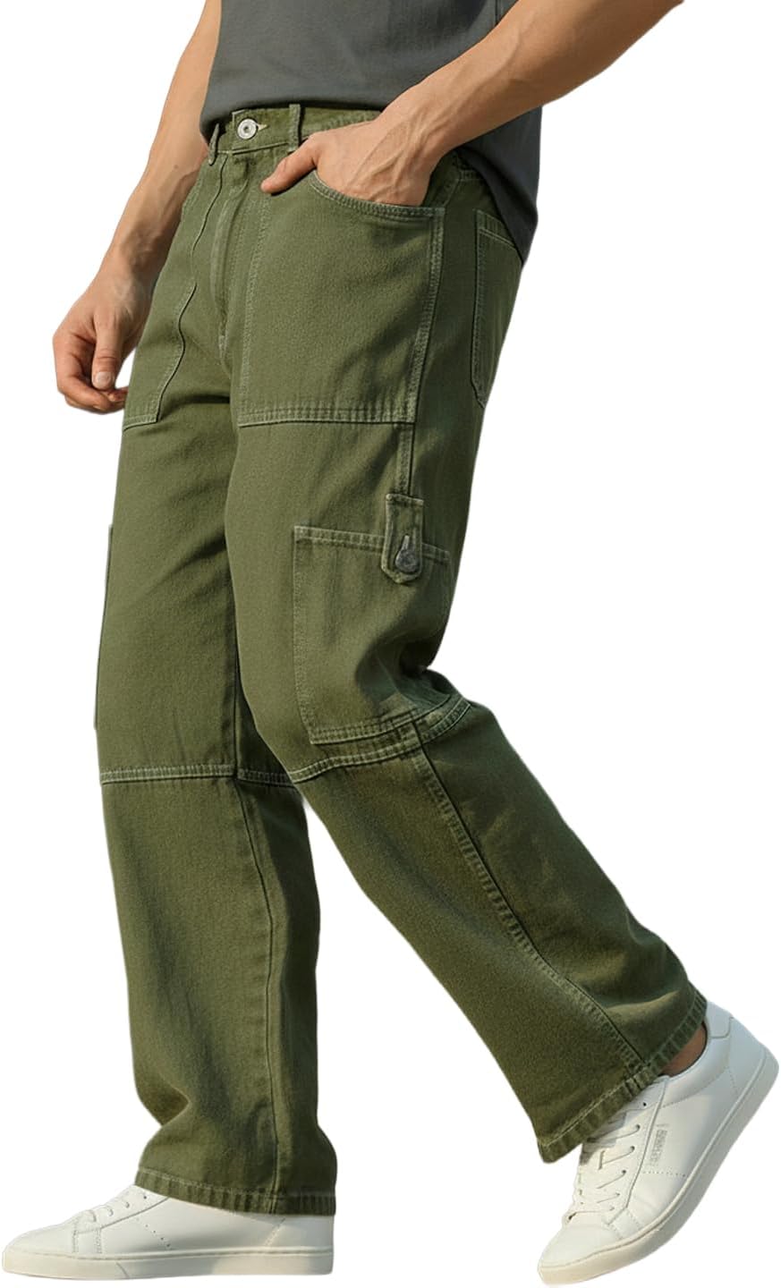 Urbano Fashion Men's Loose Mid Rise Baggy Fit Washed Cargo Jeans with 6 Pockets Non-Stretchable