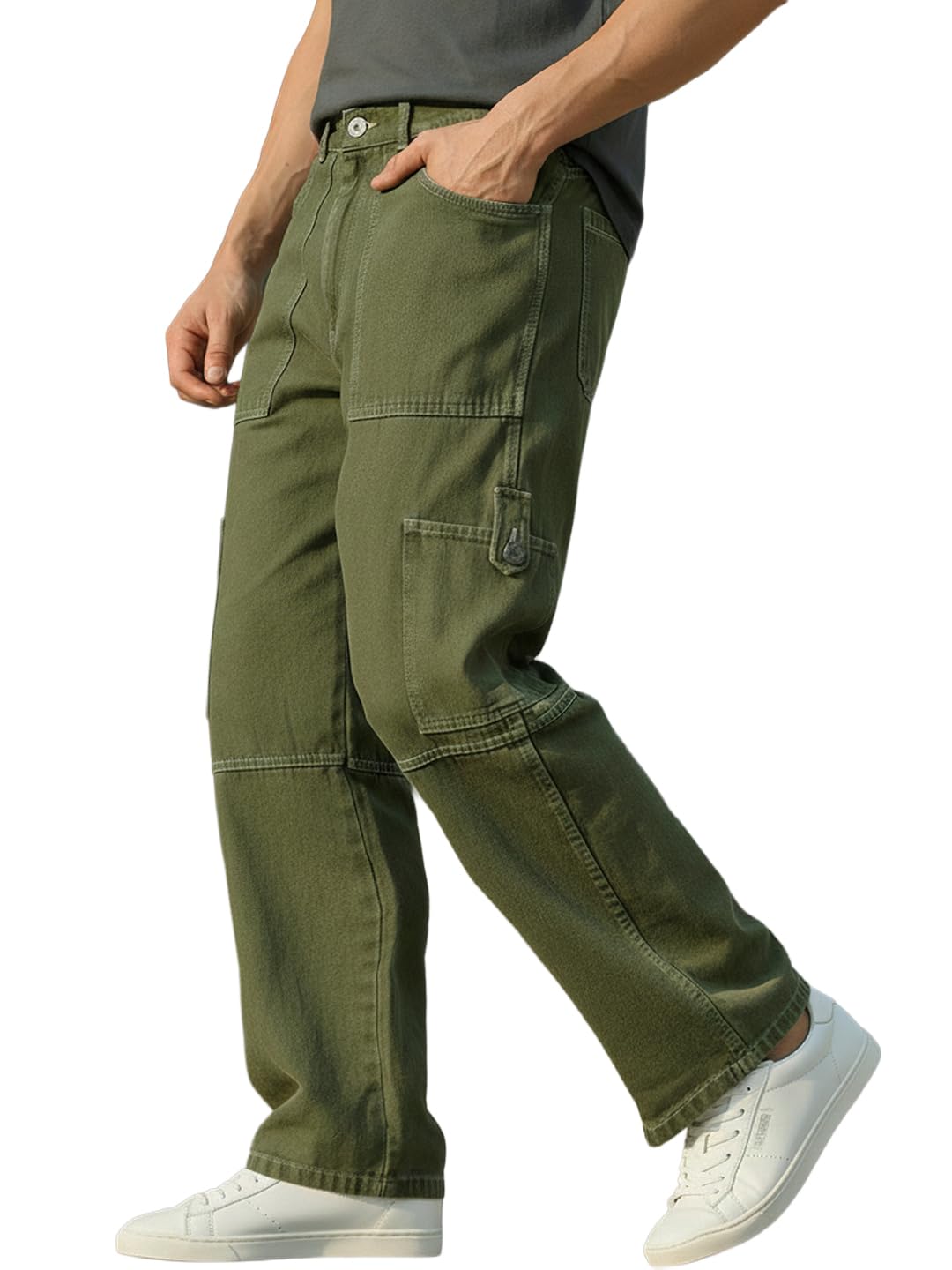 Urbano Fashion Men's Loose Mid Rise Baggy Fit Washed Cargo Jeans with 6 Pockets Non-Stretchable