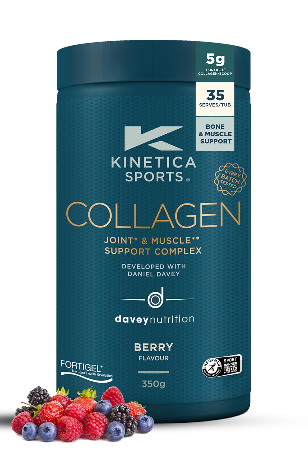 – Kinetica Sports Collagen Powder - Berry Flavour | 350g | 5g FORTIGEL Bovine Collagen/Serve, 320mg Vitamin C, 5μg Vitamin D, 100mg Hyaluronic Acid & 500mg Glucosamine Sulphate | Joint & Muscle Support