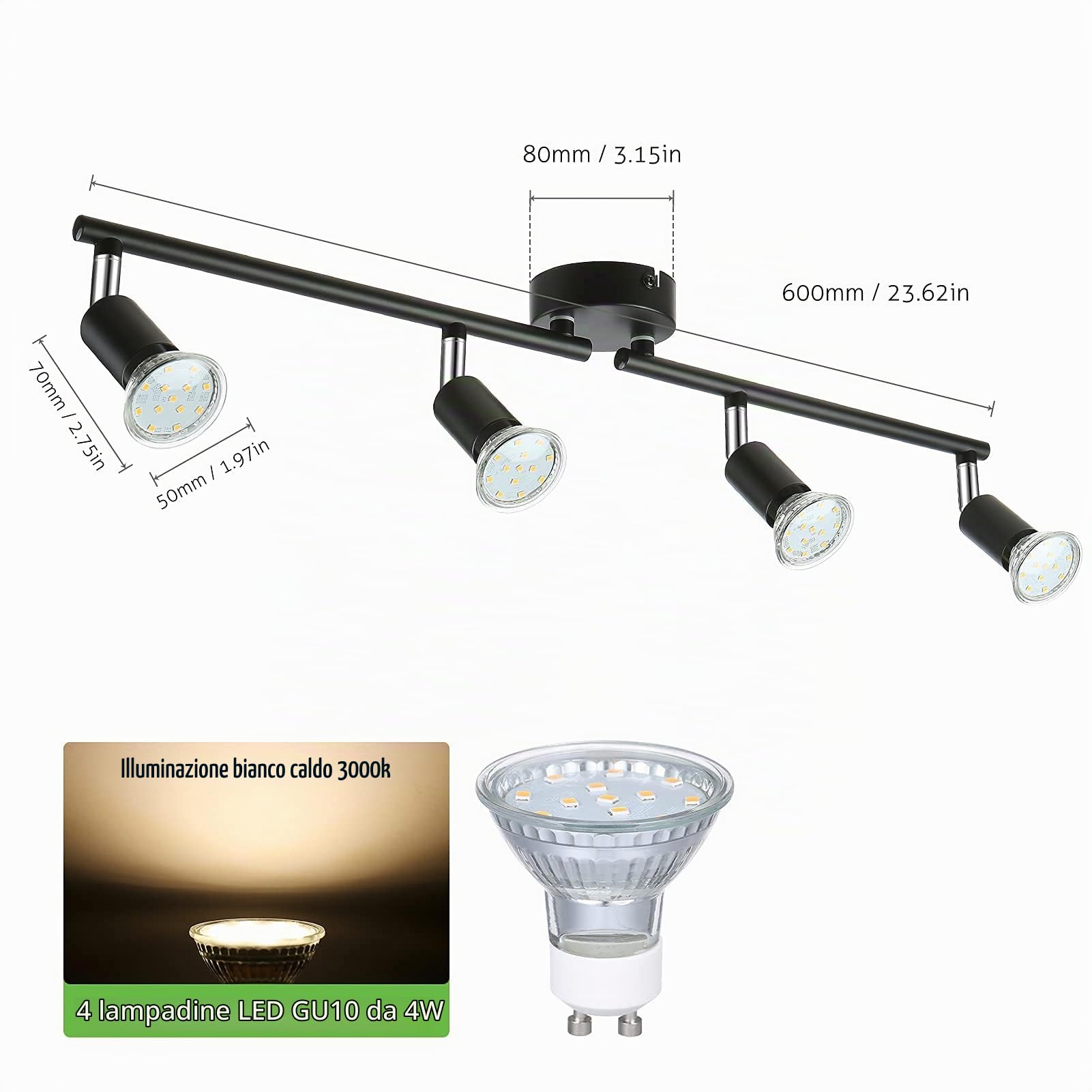 Faretti a LED da Soffitto Orientabili, 4 Lampadine GU10 4W, Metallo Nichel Opaco, Illuminazione 400lm, Teste di Luce Girevoli Flessibili,Faretto Led Interno Moderna per Illuminazione Interna-Nero