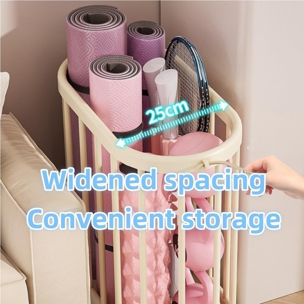 Yoga Mat Storage Basket, Storage Rack with Metal Frame, Ball Storage Rack, Multifunctional Sports Gear Storage for Home, Gym, Garage(White)