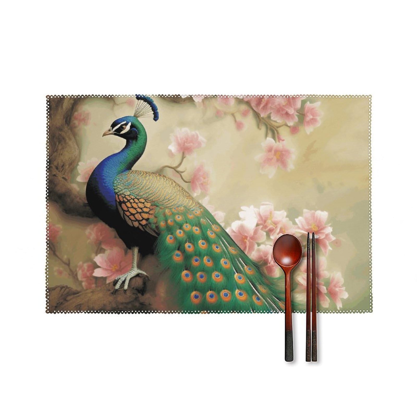 Oriental Peacock on Flower Tree Placemats Set of 6, 12x18 Inch Heat Resistant Washable Canvas Table Mats, Stain Resistant Decorative Dining Placemats for Kitchen, Restaurant, Outdoor Party