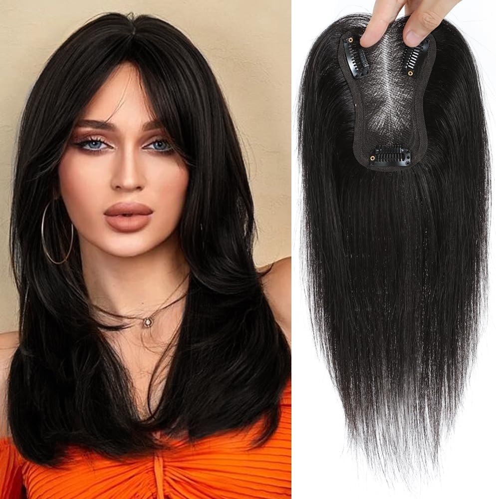 Real Human Hair Toppers for Women with Thinning Hair - Remy Toppers Hair Pieces - 100% Human Hair Clip Ons - Natural Black (10inch, HL-1B)