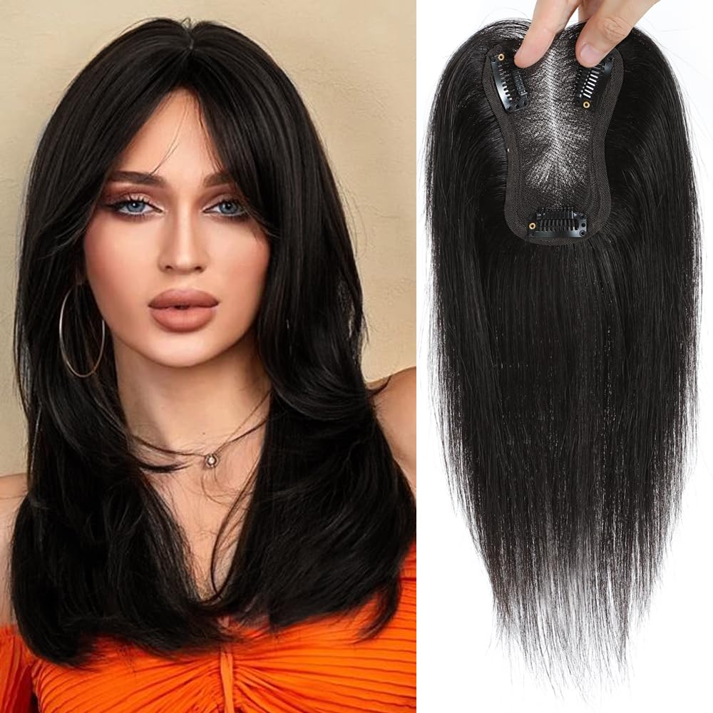 SEA SINGING Real Human Hair Toppers for Women with Thinning Hair - Remy Toppers Hair Pieces - 100% Human Hair Clip Ons - Natural Black (10inch, HL-1B)