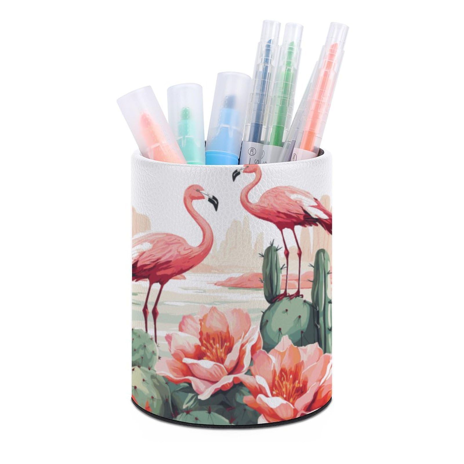 VstaDank Cactus Flamingo Rose Flowers Pen Holder PU Leather Pencil Cup Minimalist Desk Pencil Holder Round Make Up Brush Organizers For Office Dorm Room&Vanity Desk Accessories
