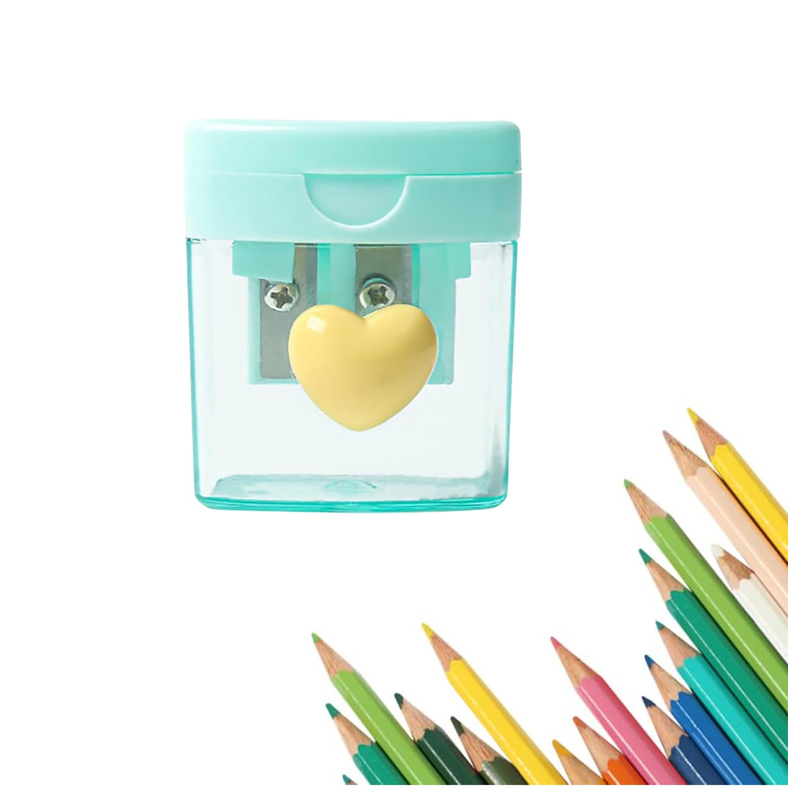 Heart Pencil Sharpeners Bulk Colored Pencil Sharpener Handheld with Container,Mini Manual Portable Pencil Sharpener,Pencil Sharpeners with Cover 2 Holes for Students Classroom Office Supplies (Green)