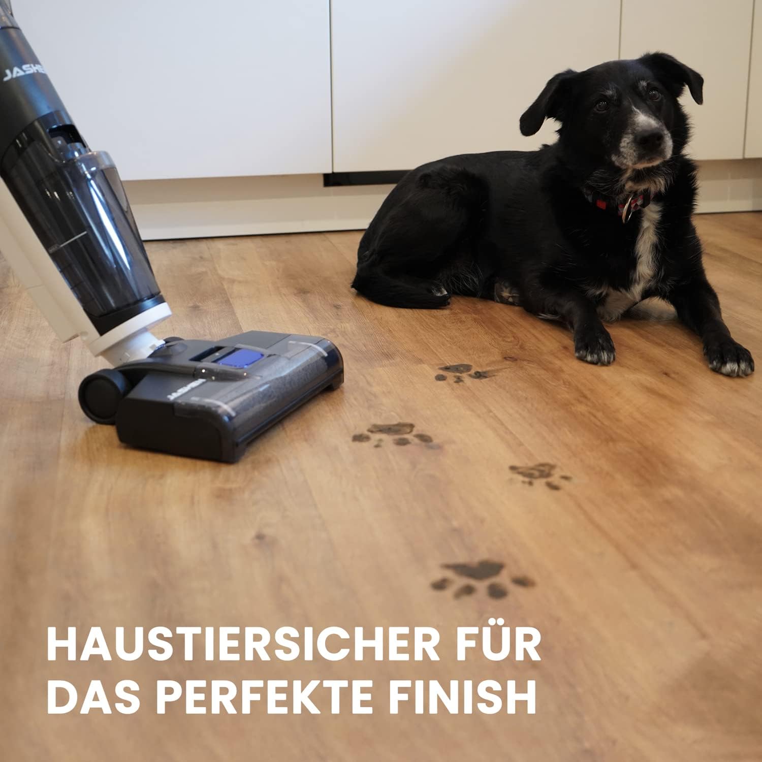 JASHEN F12 cleaning pet paw prints on hard floor with a dog in the background