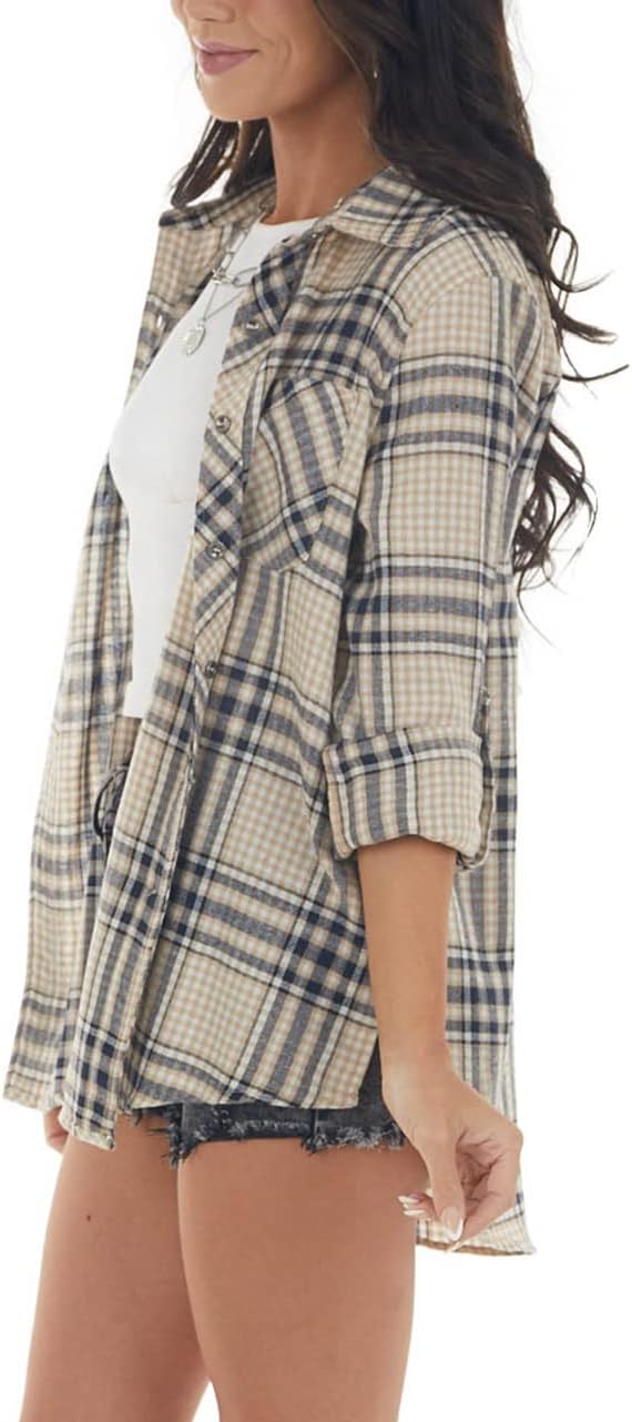 NUOREEL Women’s Plaid Flannel Button Down Shirt Long Sleeve Casual Blouse Top with Pocket - Image 2