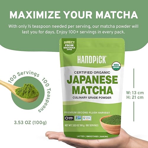 Miniatura 5 de HANDPICK Polvo de té verde matcha orgánico japonés (100 porciones)  Procedente de Japón  Auténtica cosecha premium  Bolsa con cierre hermético