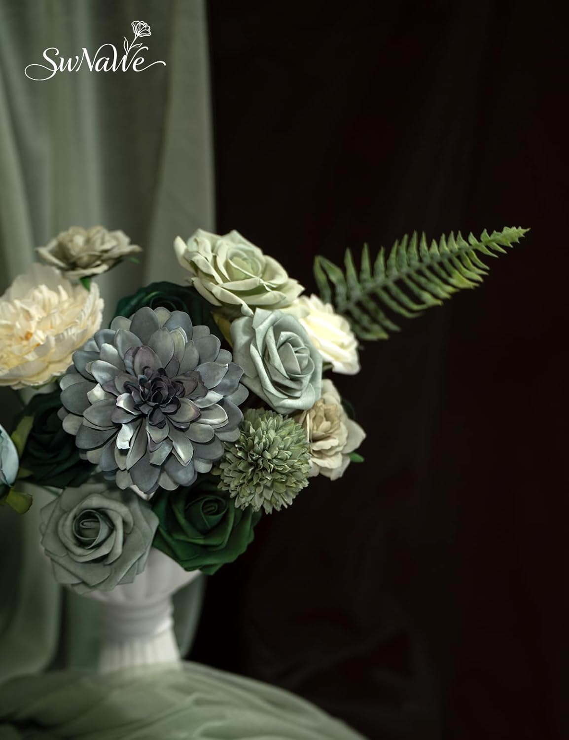 Green Flowers Artificial Roses Combo Set Fake Green Silk Flowers Faux Flowers Mix Dahlia Chrysanthemum with Stems for Wedding Bouquets Baby Bridal Shower Party St Patrick’s Day Decor