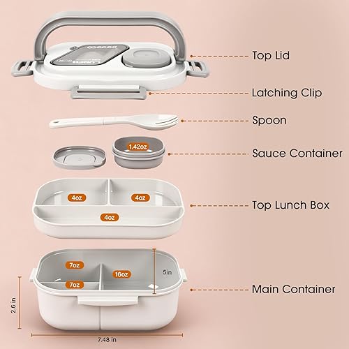 Miniatura 2 de Lonchera Bento todo en uno para adultos y niños con bolsa aislada, 3 compartimentos a prueba de fugas y recipiente apilable de 2 niveles con salsa