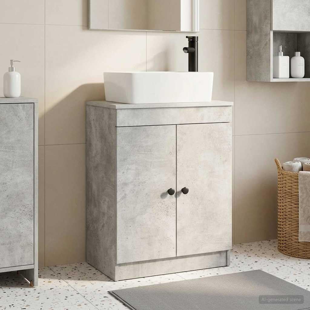 Mobile sottolavabo grigio cemento 54 cm con lavabo | legno, maniglie a bottone in metallo, porte a 90 gradi, ripiani integrati, facile da montare