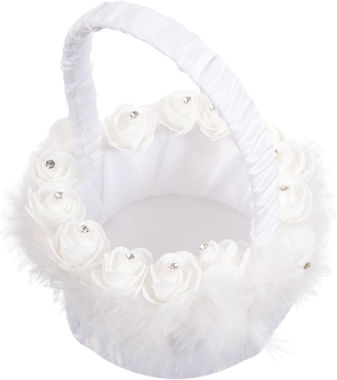 Wedding Flower Girl Basket with Plume and Rhinestone Decoration, Handheld Wicker Basket for Flower, Wedding Party Supplies and Bridal Ceremony Accessory