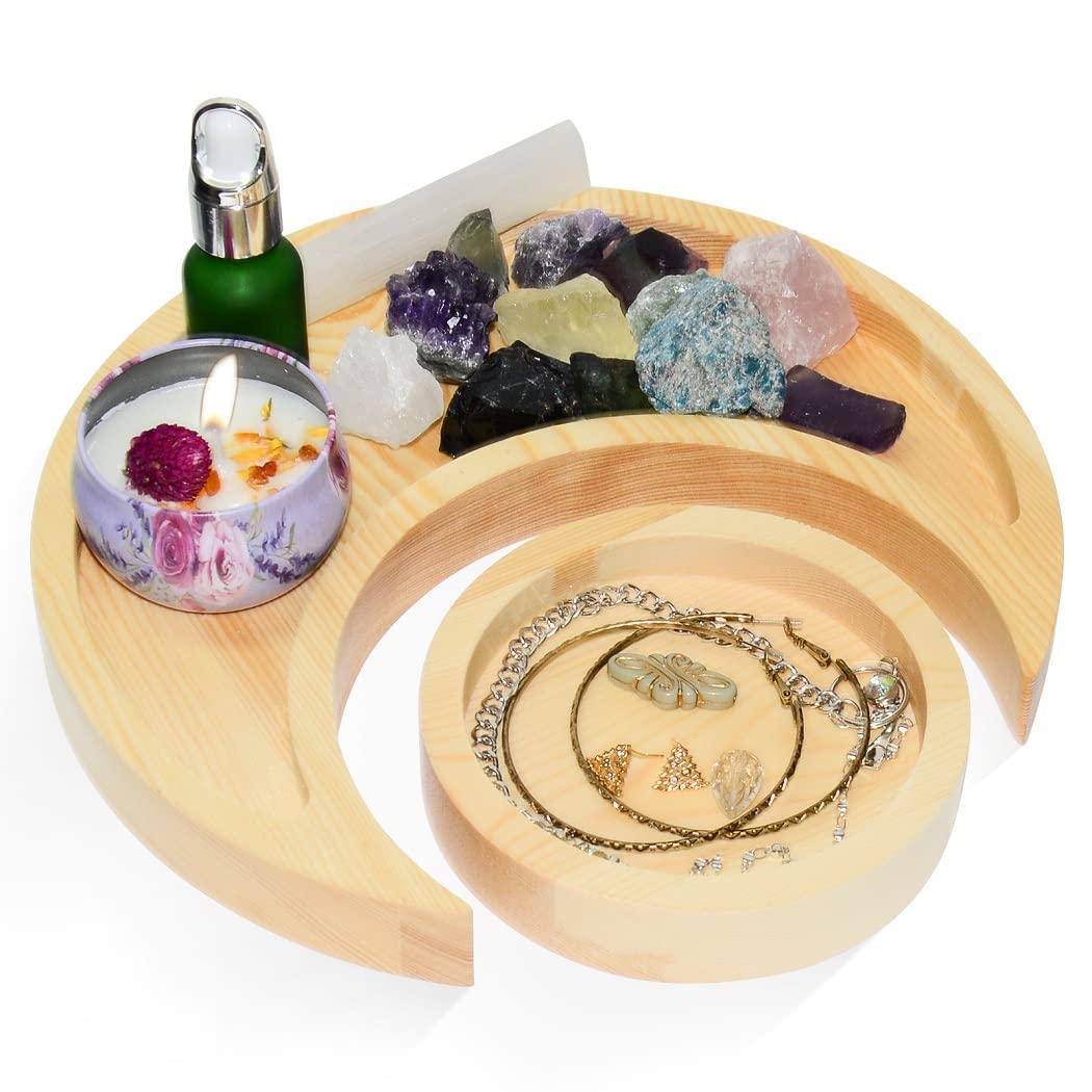 Moon Tray Crystal Holder for Stones Display, Natural Pine Crystal Tray for Healing Crystal & Essential Oils, 9.17X 3.94 Inches Crescent Moon Bowl with 4.64 Inches Round Tray