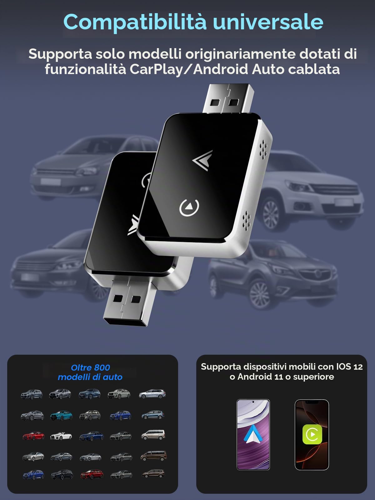 Adattatore Wireless 2 in 1 per CarPlay/Android Auto, PARPAT CarPlay Wireless Adapter con USB/Type-C, Connessione Stabile e Nessun Ritardo, Compatibile con iPhone/Android (CARPLAY01)