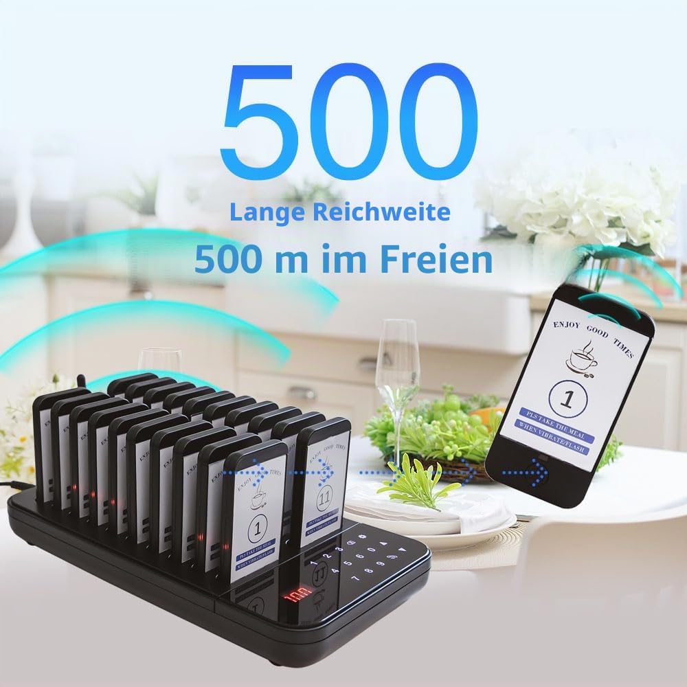 KZH Pager Rufsystem Restaurant, Aufrufsystem 500 Meters, 20 Pager System, 7 Anrufmodi, Mit Stopp Button, Auswechselbare Aufkleber, Buzzer Gastronomie für Konditorei, Hotel, Kneipen