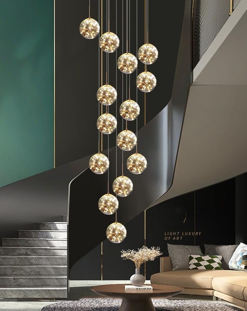 Lampadario Rotondo da soffitto per Decorazione Moderna della casa, Ideale per atrio, Scale, Ingresso, con Sfere di Vetro ambrato, Lampada a Sospensione a LED, Lampada da Sala da pr