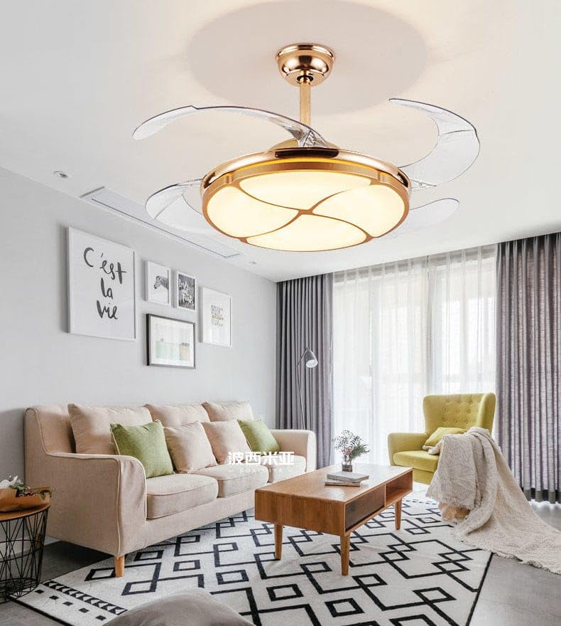 Image of Glowave Golden 42 inch 4 Leaf Chandelier Fan with 4 Invisible Retractable ABS Fan Blades Ceiling Fan Light with Remote Control 6 Speed Function - Tricolour Dimmable |White, Warm White, Natural White|