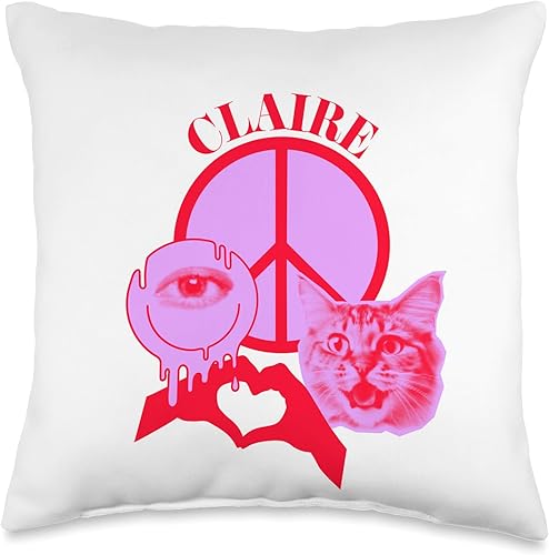 Claire Name Personalized Peace and Karma Co. Personalized Claire First Name I Love Retro Cat Mom Throw Pillow, 16x16, Multicolor