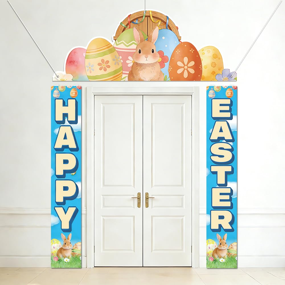 SUPERDANT 3 Pcs Happy Easter Banner Bunny and Eggs Porch Sign Easter Party Decor 180x30cm 180x68cm Polyester with 6m Ropes and 7 Hooks for Door Spring Holiday Party Brunch Decor