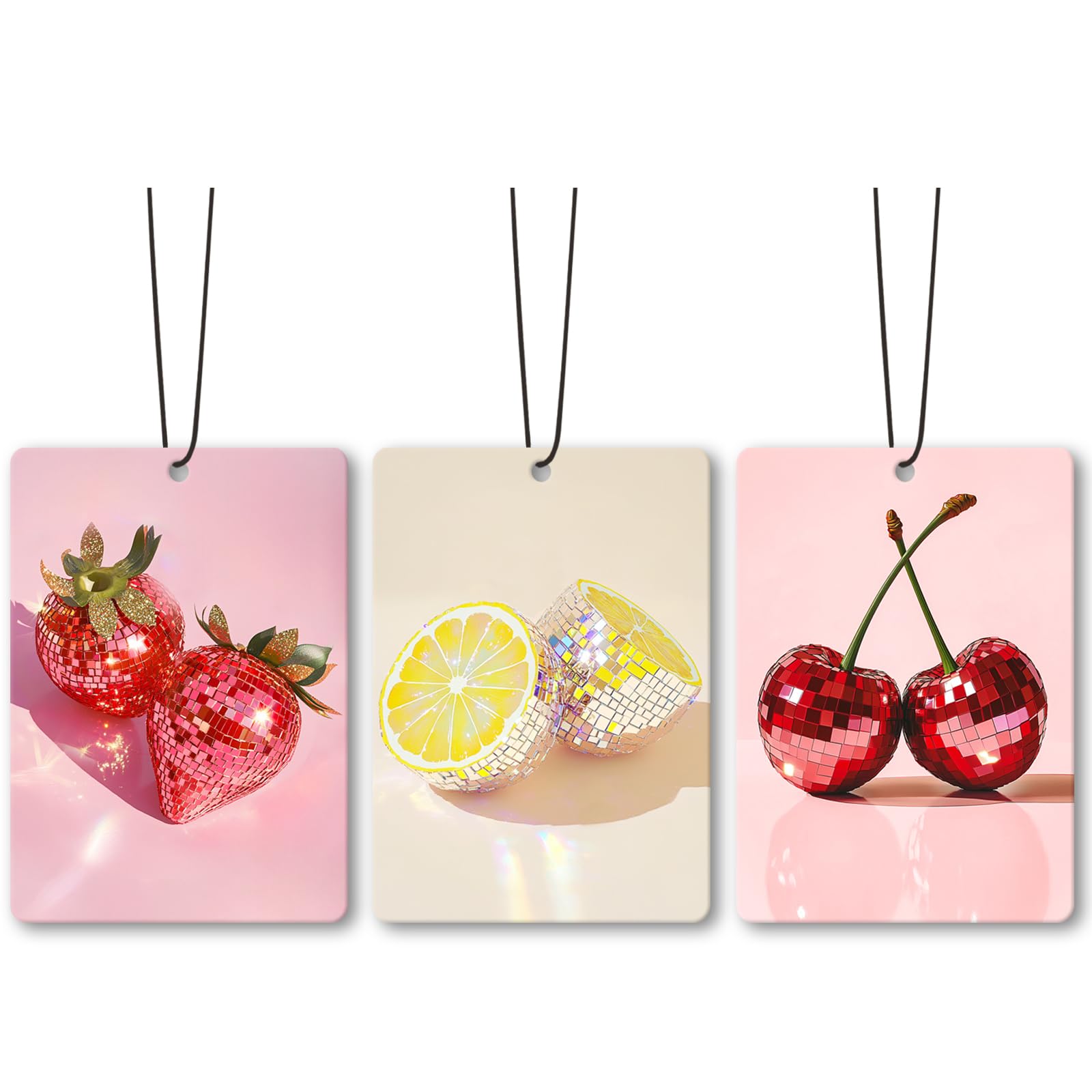 Dimurela Preppy Disco Fruits Car Air Freshener Accessories 3pcs, Strawberry Lemon Cherry Hanging Air Fresheners Decor for Girly Room Closet, Trendy