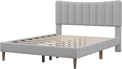 Miniatura 4 de Moderna base de cama tapizada de tamaño Queen con cabecera capitonada de canal vertical marco de cama de lino con plataforma Queen para dormitorio
