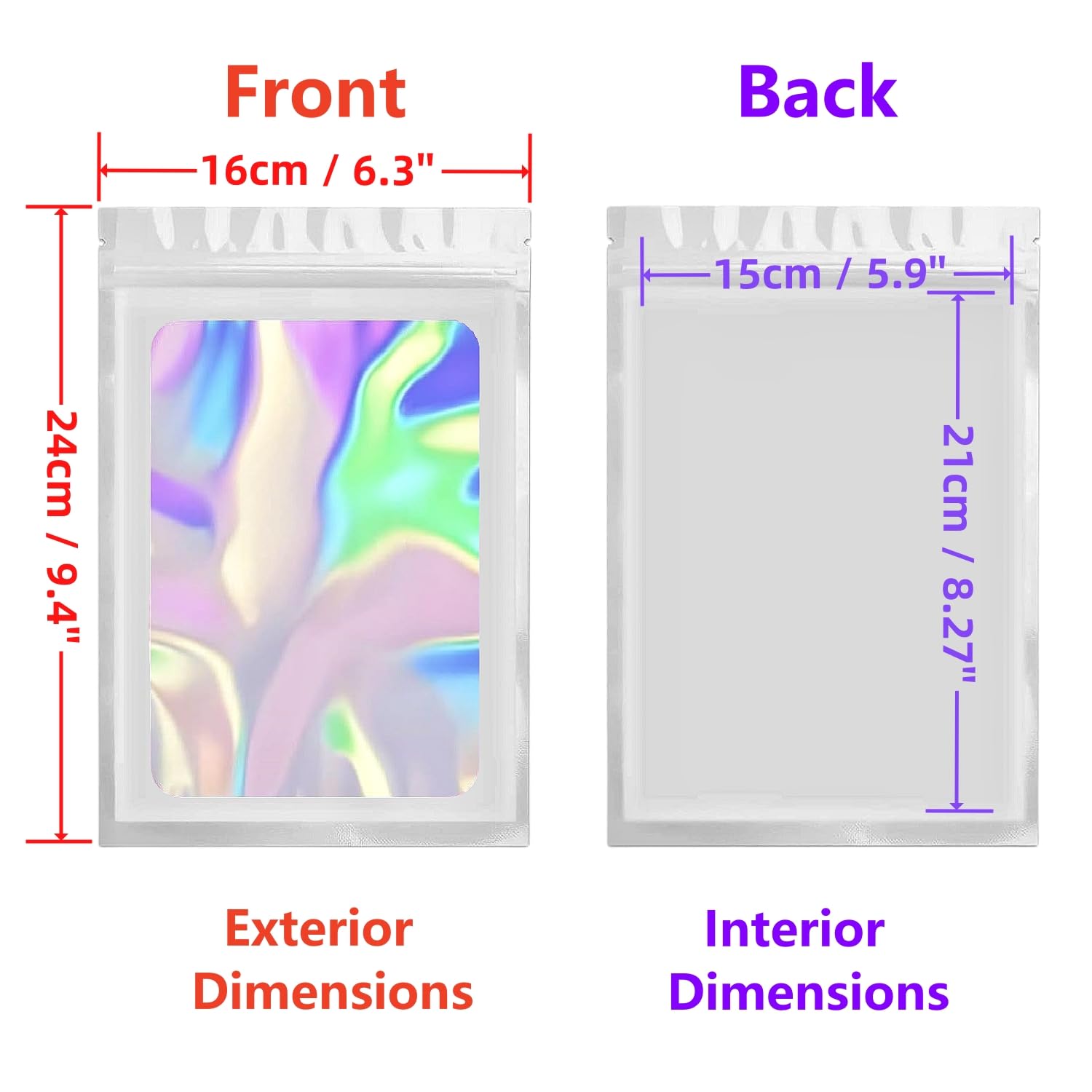 Rimiko 50pcs Mylar Bags, Aluminum Foil Sample Bags, Resealable Holographic Pouches (White, 6.3"x9.4"), Holographic White - Image 2