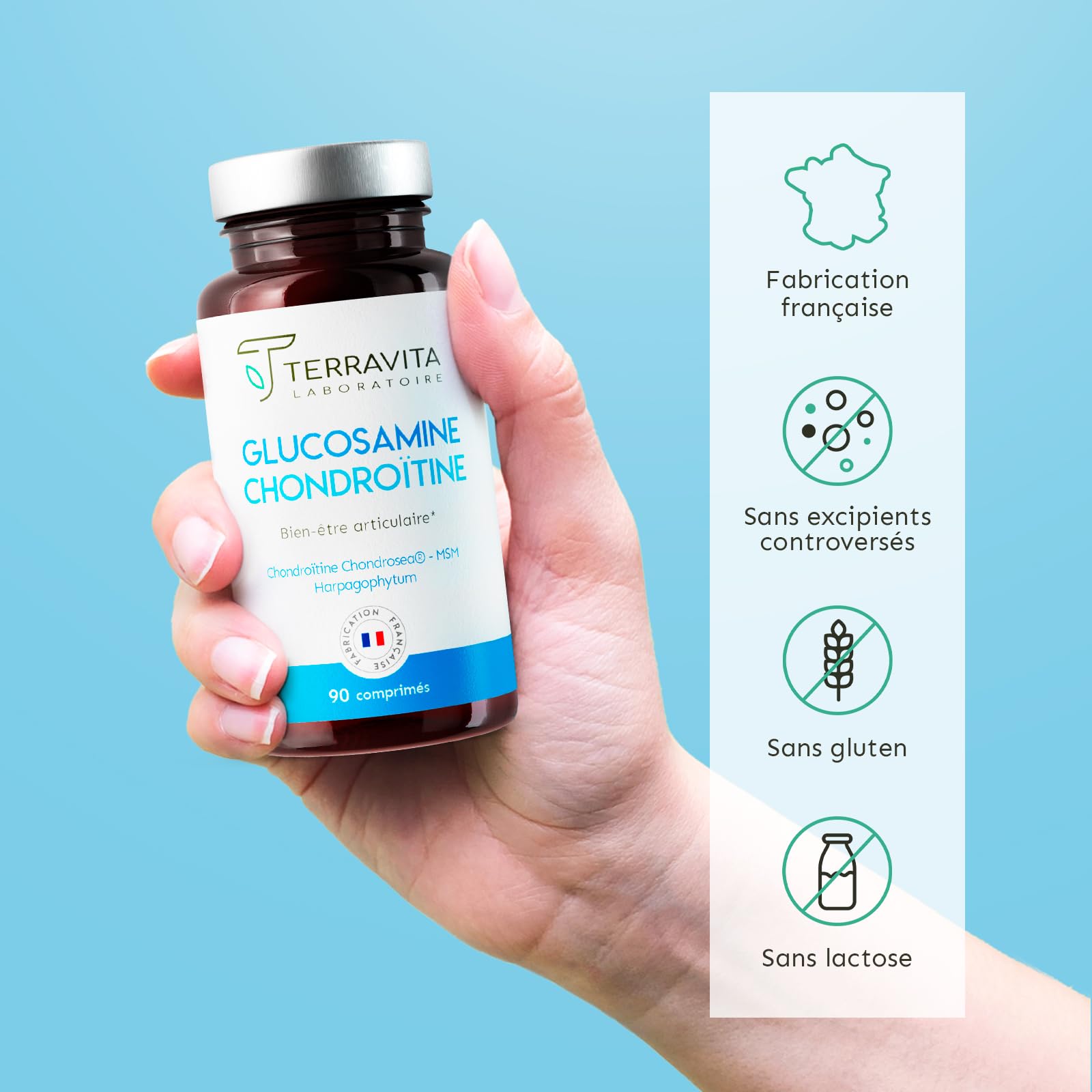 Glucosamine Chondroïtine | Avec Harpagophytum + MSM + Vitamine C + Oligo-éléments | Articulations Douloureuses - Arthrose - Perte de Mobilité | 90 Comprimés Dosage Fort | Made in France | Terravita