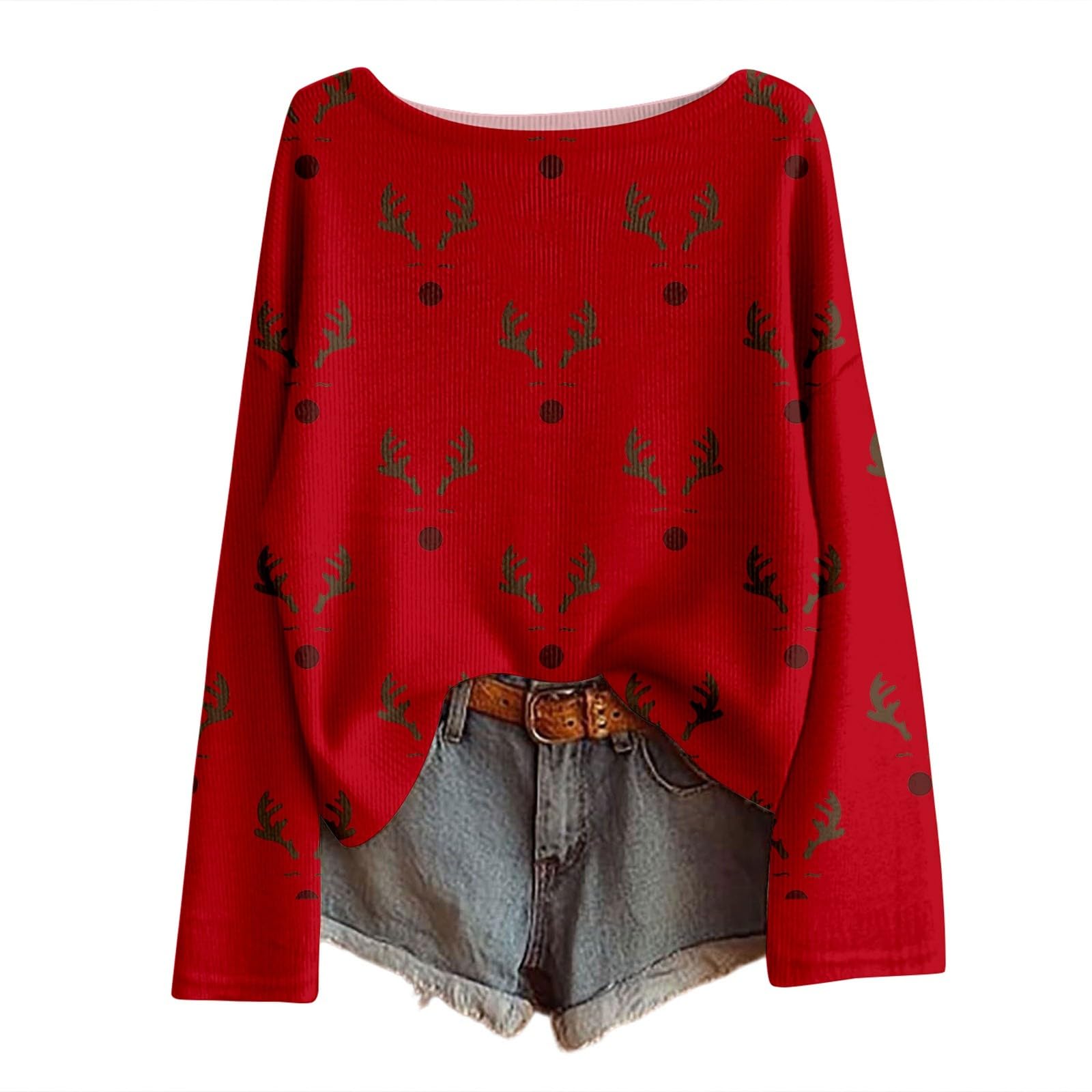 Christmas Knit Sweater for Women Long Sleeve Boat Neck Boho Pullover Sweatshirt Cute Xmas Trees Print Holiday Clothes