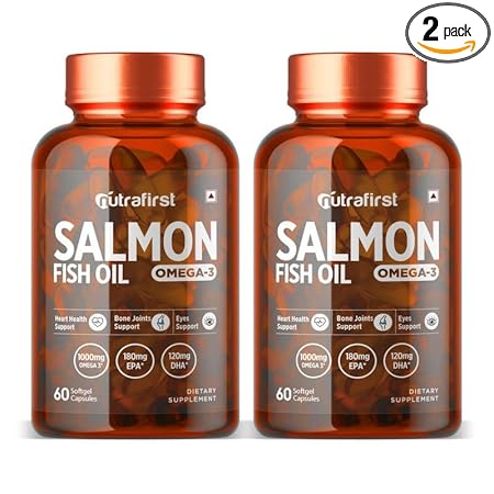 Nutrafirst Salmon Fish Oil Capsules with Omega-3 (1000mg), EPA (180mg) & DHA (120mg) for Healthy Heart, Brain, Eyes & Joints?? 120 Softgels I Omega 3 Fish Oil Supplements for Women and Men, Pack of 2