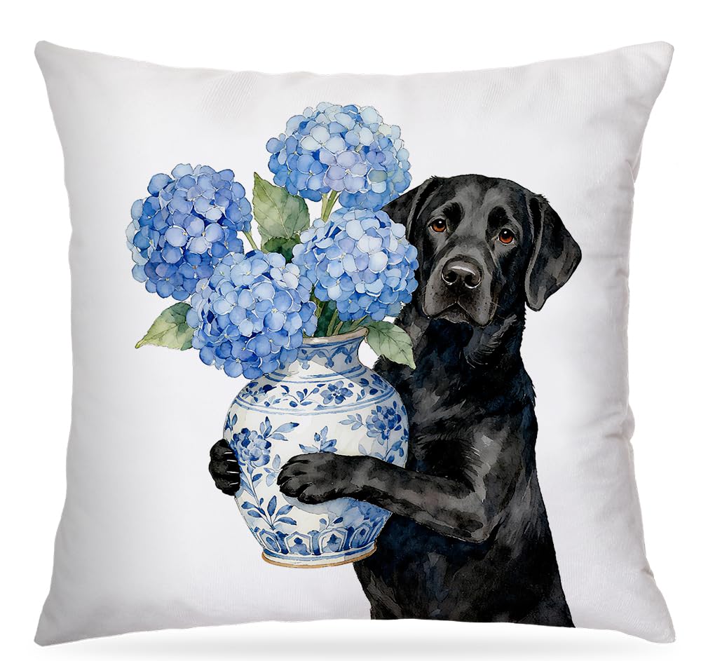 awdschkj Blue Chinoiserie Hydrangea Black Labrador Retriever Pillow Covers 18x18 Black Lab Gifts Grandmillennial Blue Floral Labrador Dog