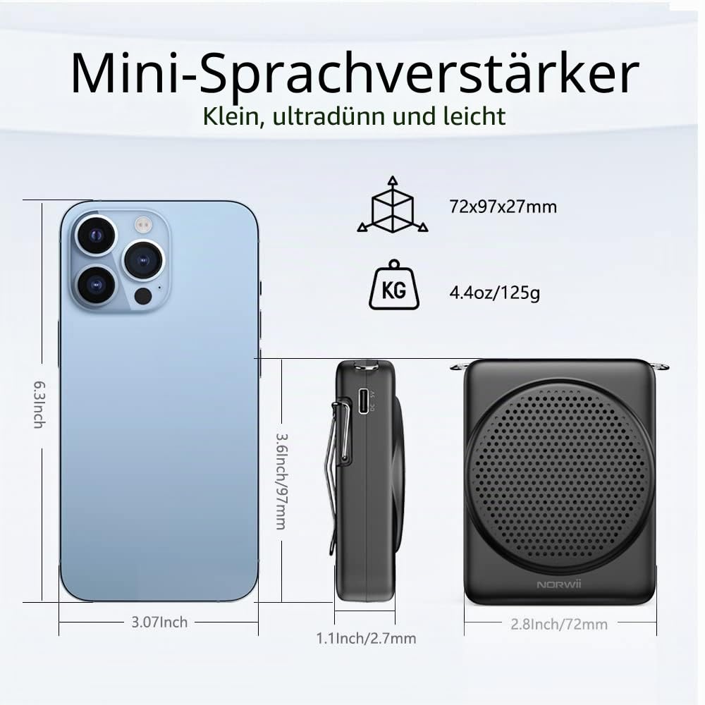 Norwii Mini-Sprachverstärker, PA-Endstufen, 3 Stunden Schnellladung und bis zu 22 Stunden Wiedergabe, persönlicher Sprachverstärker, tragbares Lautsprechermikrofon für Lehrer, Training, Tourguide