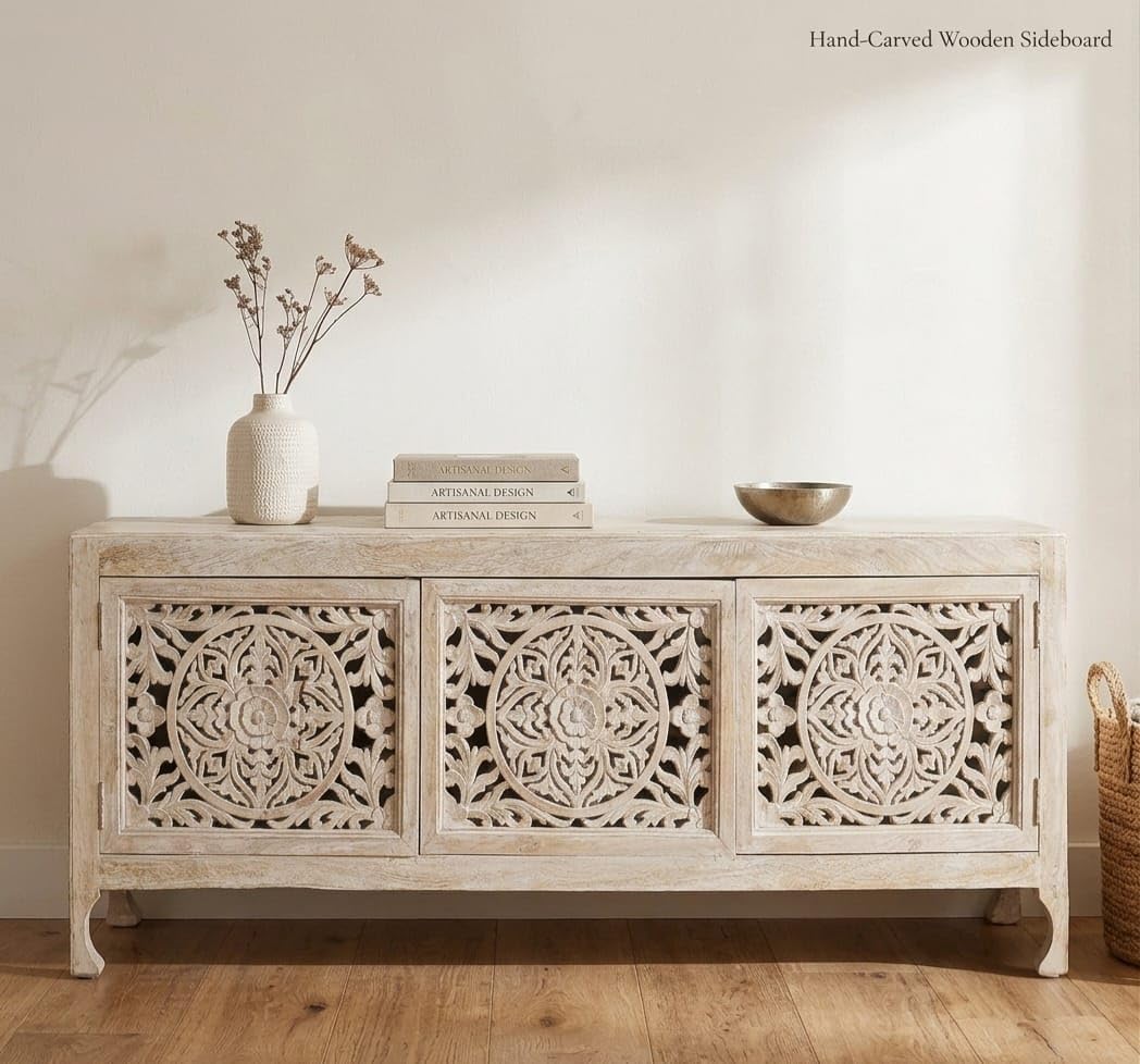 Hand-Carved Wooden Sideboard Cabinet | Solid Wood Storage Cabinet with 3 Doors | Living Room Dining Room Console Cabinet | L65 x D17 x H26 Inches | White Wash Finish-image-34