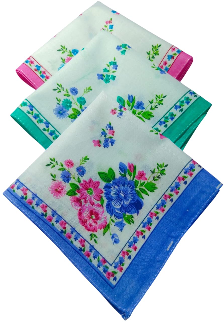 Ladies Floral Cotton Handkerchiefs – Pack of 6 Soft Hankies with Multi-Colored Border, Lightweight & Reusable – Floral Print Hanky Set for Women-image-48