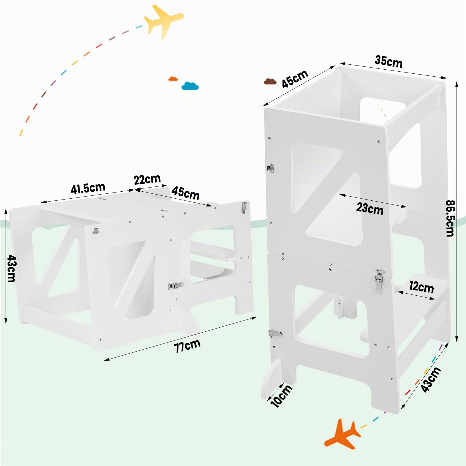 WOLTU Torre de Aprendizaje con Pizarra, Torre Montessori Plegable para Niños a Partir de 1 Año, Taburete Niños con Bordes Redondeados, Pies Antivuelco, Mueble Infantil Blanco