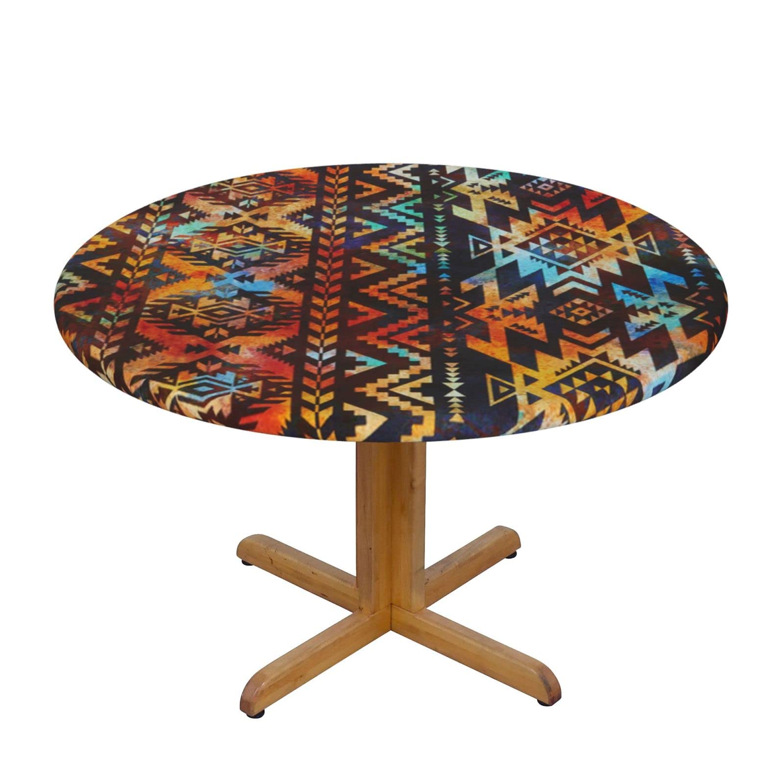 Lsjuee Round Fitted Tablecloth 45-50in Elastic Edged Table Cloth for Kitchen Dining Party Home Decor - American Southwestern Geometry