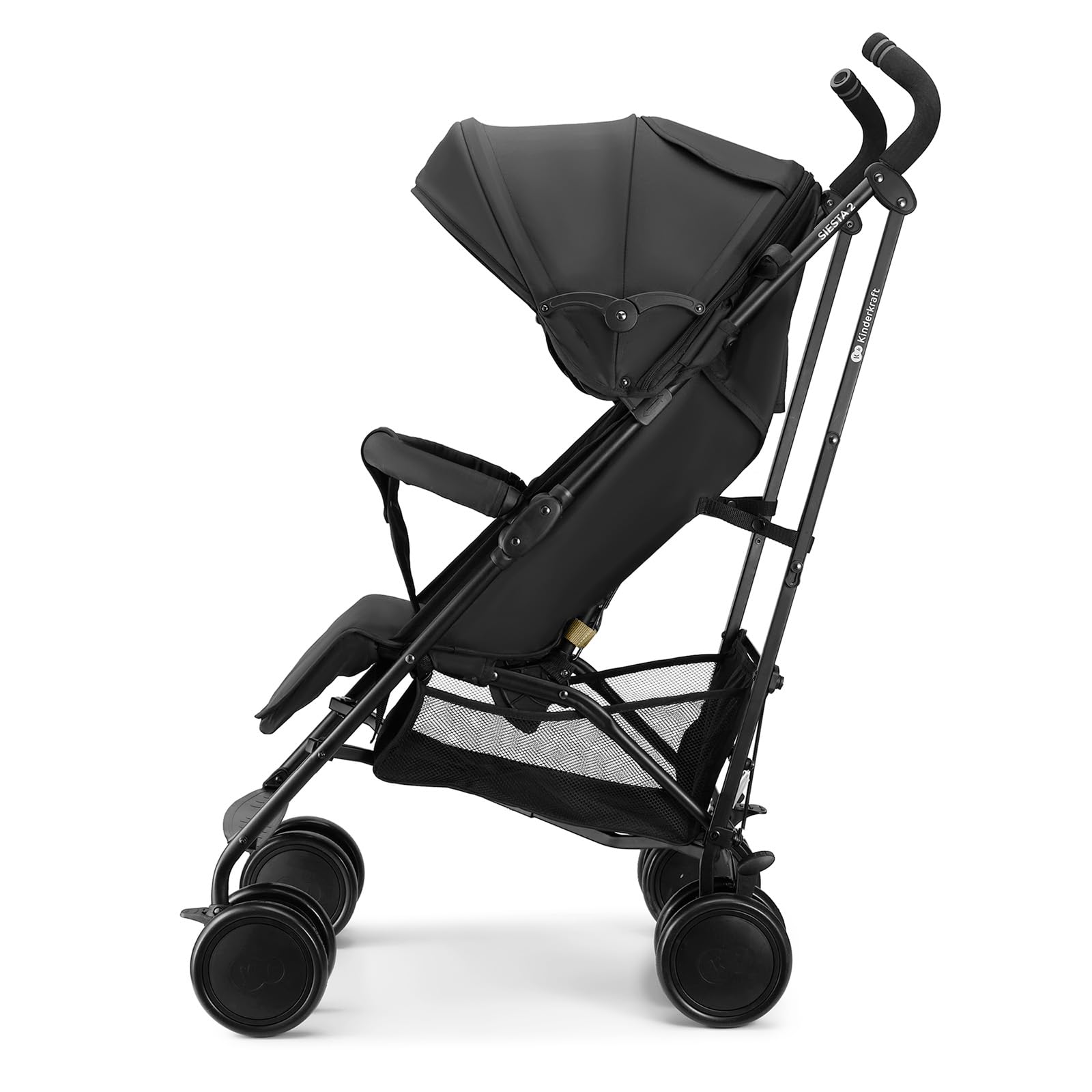 Kinderkraft silla de paseo SIESTA 2 hasta 22 kg, ligera, solo 7,9 kg, plegado tipo paraguas, posición tumbada, reposapiés ajustable, capota transpirable con malla y ventana peekaboo, compacta, Negro