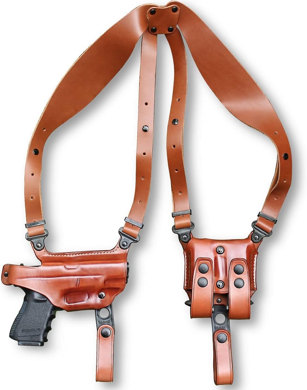 Premium Leather Horizontal Shoulder Holster System with Double Magazine Carrier for Kimber Micro 9mm 3.15” Barrel, Right Hand Draw, Brown Color #1528#