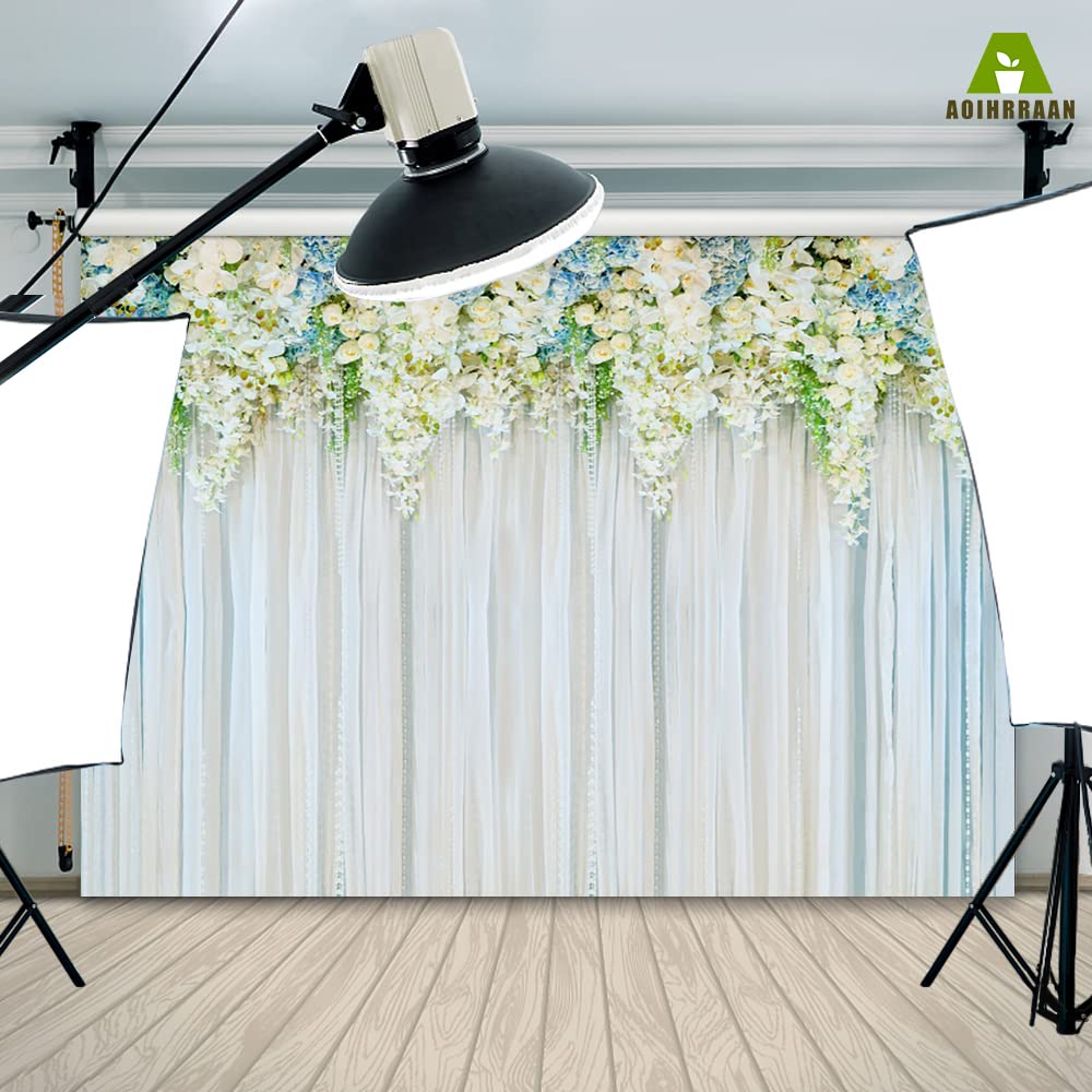 Aoihrraan 3x2m Wedding Backdrop Fiore Floreale Blossom White Curtains Wall Photography Background Bridesmaid Girl Wedding Bridal Shower Anniversary Party Cake Table Decoration Photo Booth Props