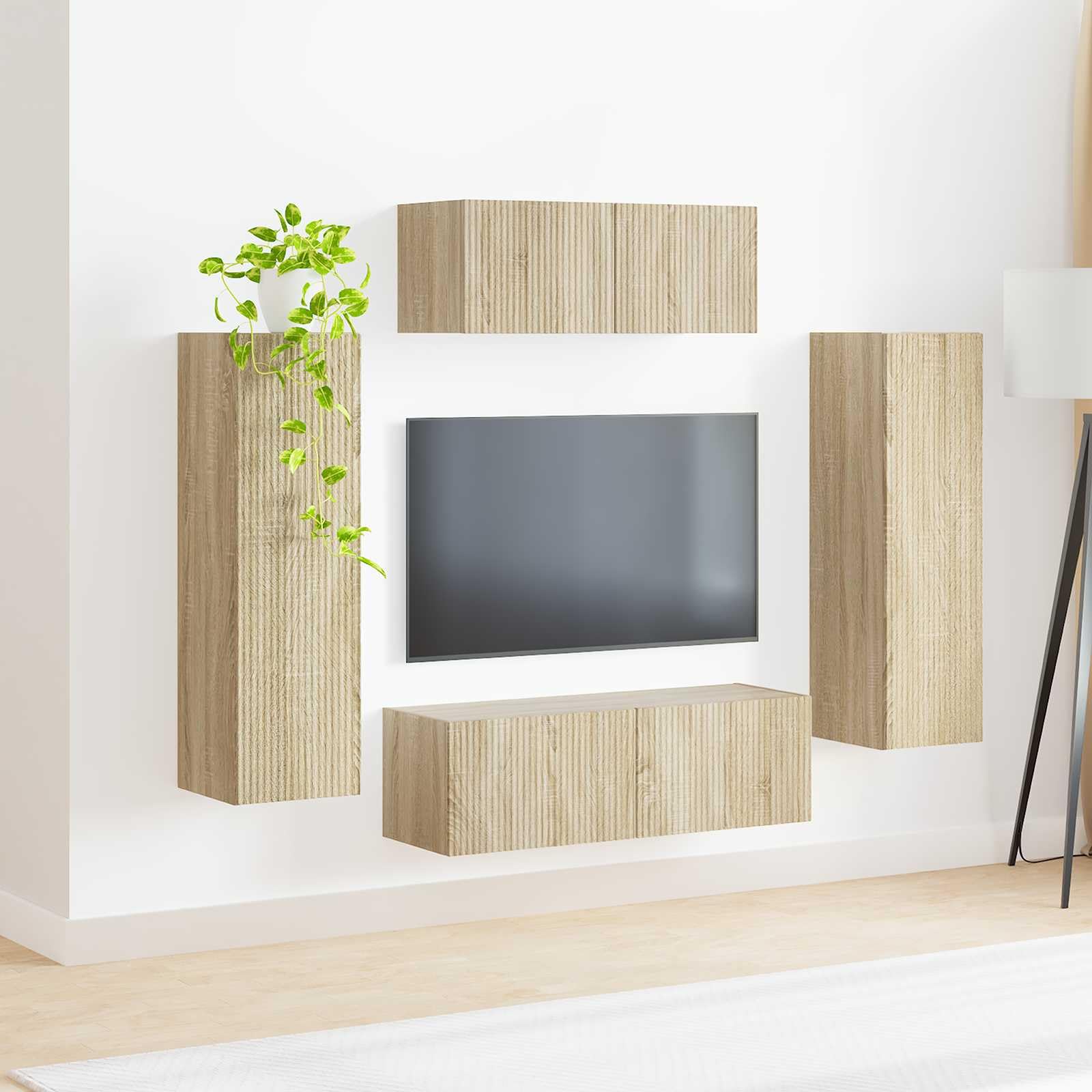 Set di mobili per TV da parete, 3 pezzi, in legno di rovere Sonoma, con 5 ante e ripiani, moderna credenza per soggiorno, per gaming, home theatre