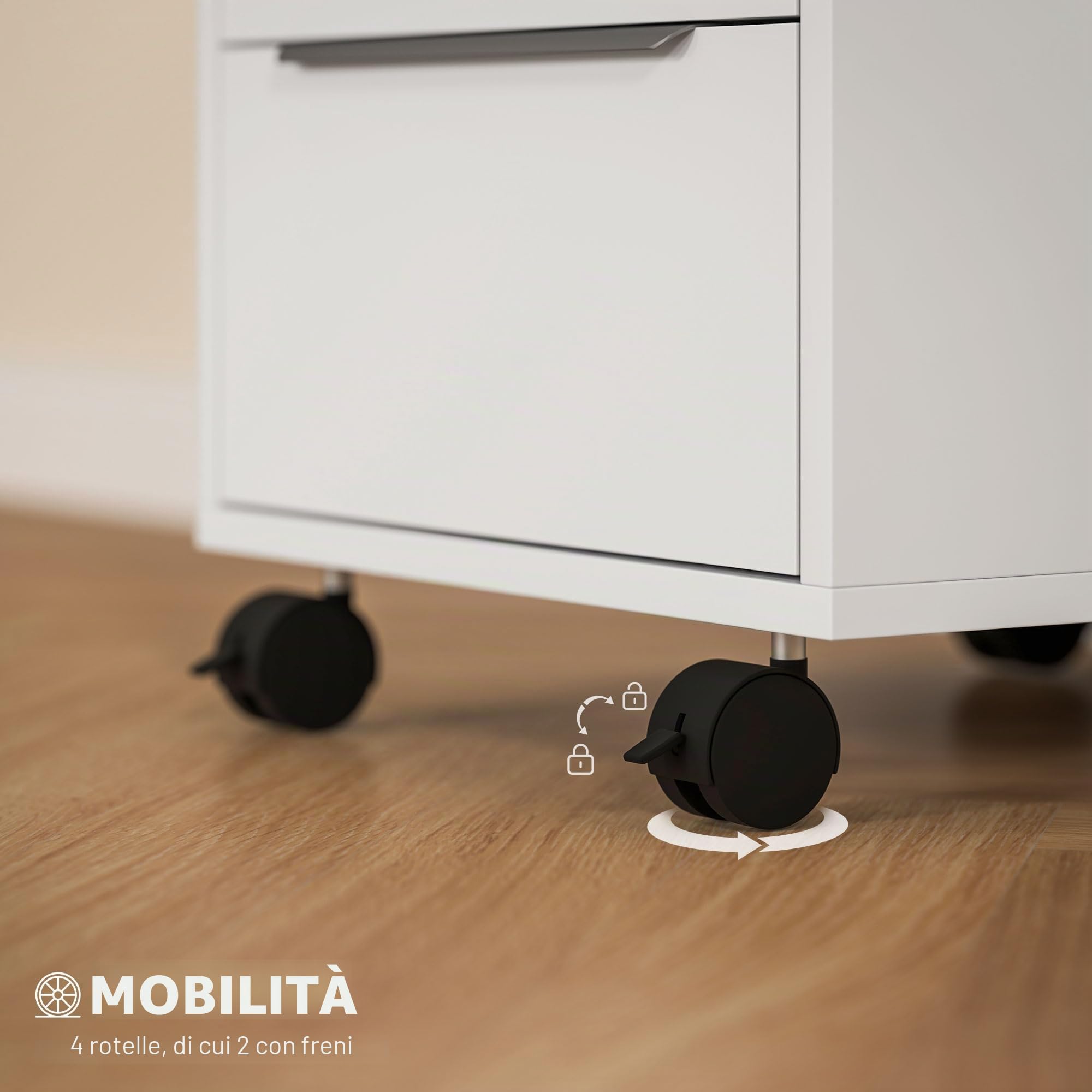 HOMCOM Piedistallo per scrivania su rotelle Piedistallo per archiviazione mobile con 3 cassetti e serratura per file bianco
