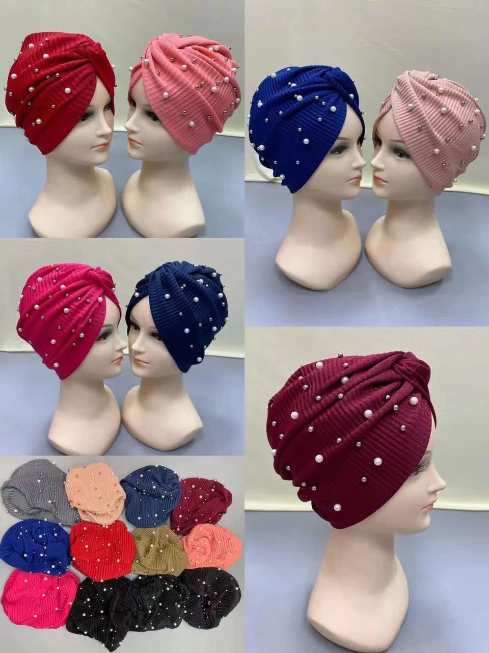 Msbric 12pcs Newest Pretty Turban Hats Women Cap Pearls for India Hat Scarfs Head Wrap Headband Girl Hair Accessories Lady Color 1077