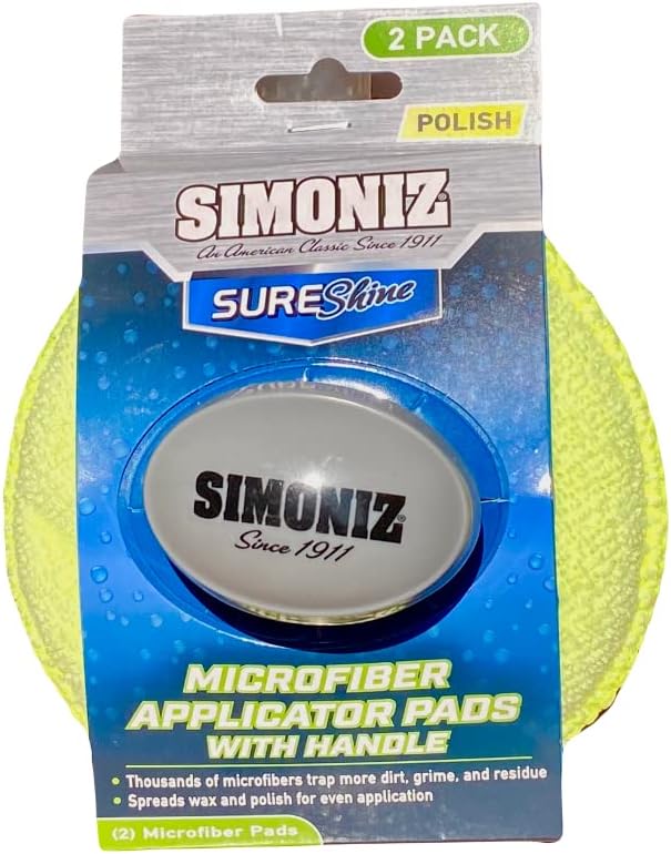 Simoniz Round Microfiber Detailing Wax Applicator Pads w/Large Gripping Handle and 2 Pads for Even Application of Waxes, Carnauba Paste, Polish, Ceramic -Cars, Bikes, Boats, RV’s - A Detailers Choice