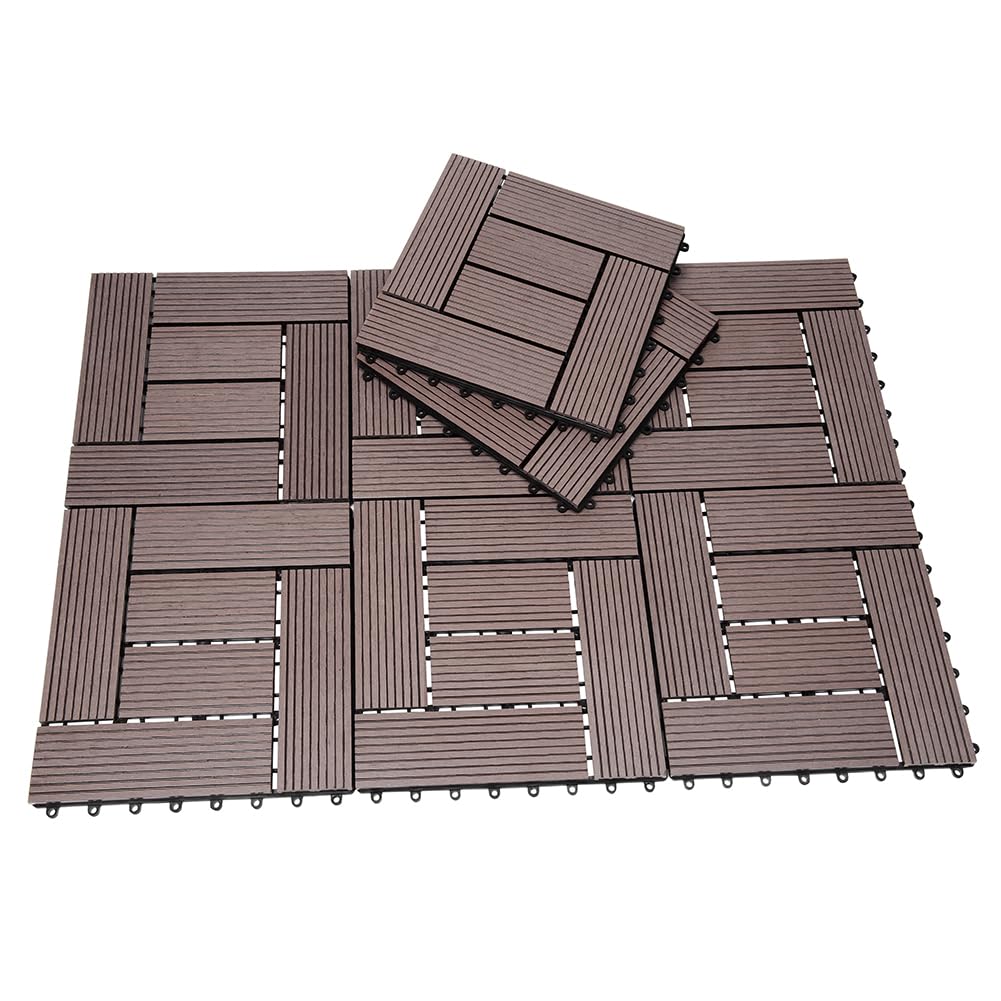 BAKAJI Juego de 11 piezas de azulejos WPC para jardín exterior, patio, balcón, suelo con drenaje de agua, azulejos de montaje empotrado, resistente a los agentes atmosféricos, diseño incrustado