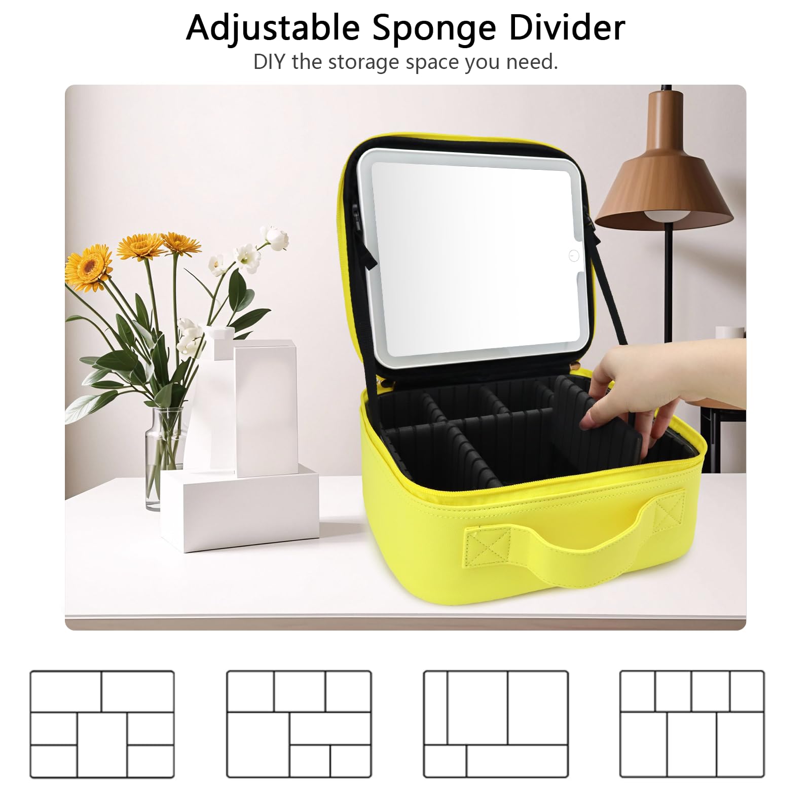Beauty case con specchio a LED, organizer da viaggio con 3 impostazioni di illuminazione, divisori regolabili e contenitore per pennelli da trucco, 9 giallo