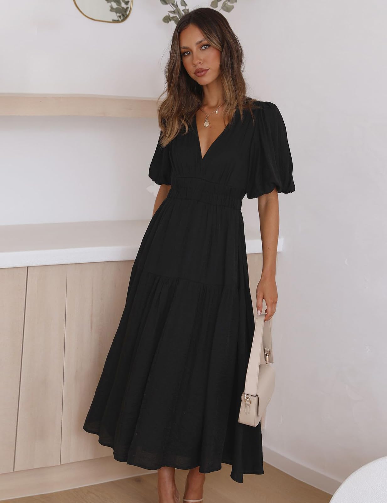 MessBebe Kleid Damen Elegant V-Ausschnitt Sommerkleid Kurze Puffärmel Wickelkleid Einfarbig Maxikleid Hohe Taille Partykleid Lässig Sommer Freizeitk