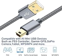 Vista 5 de SIOCEN Cable mini USB trenzado de 6 pies, tipo A macho a Mini-B, cable de carga para Garmin Nuvi, cargador de controlador PS3, cable de datos